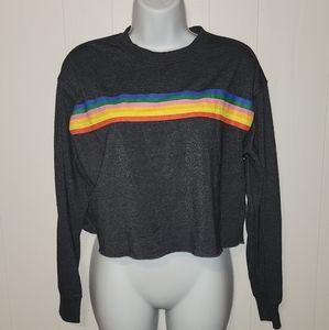 Forever 21 Rainbow‎ Striped Cropped Sweater Medium Black Lightweight Casual B62